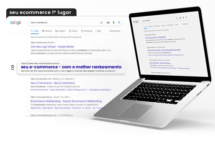 Ilustração mostrando um site da Malvesdev na primeira posição dos resultados de busca do Google, graças à otimização SEO completa